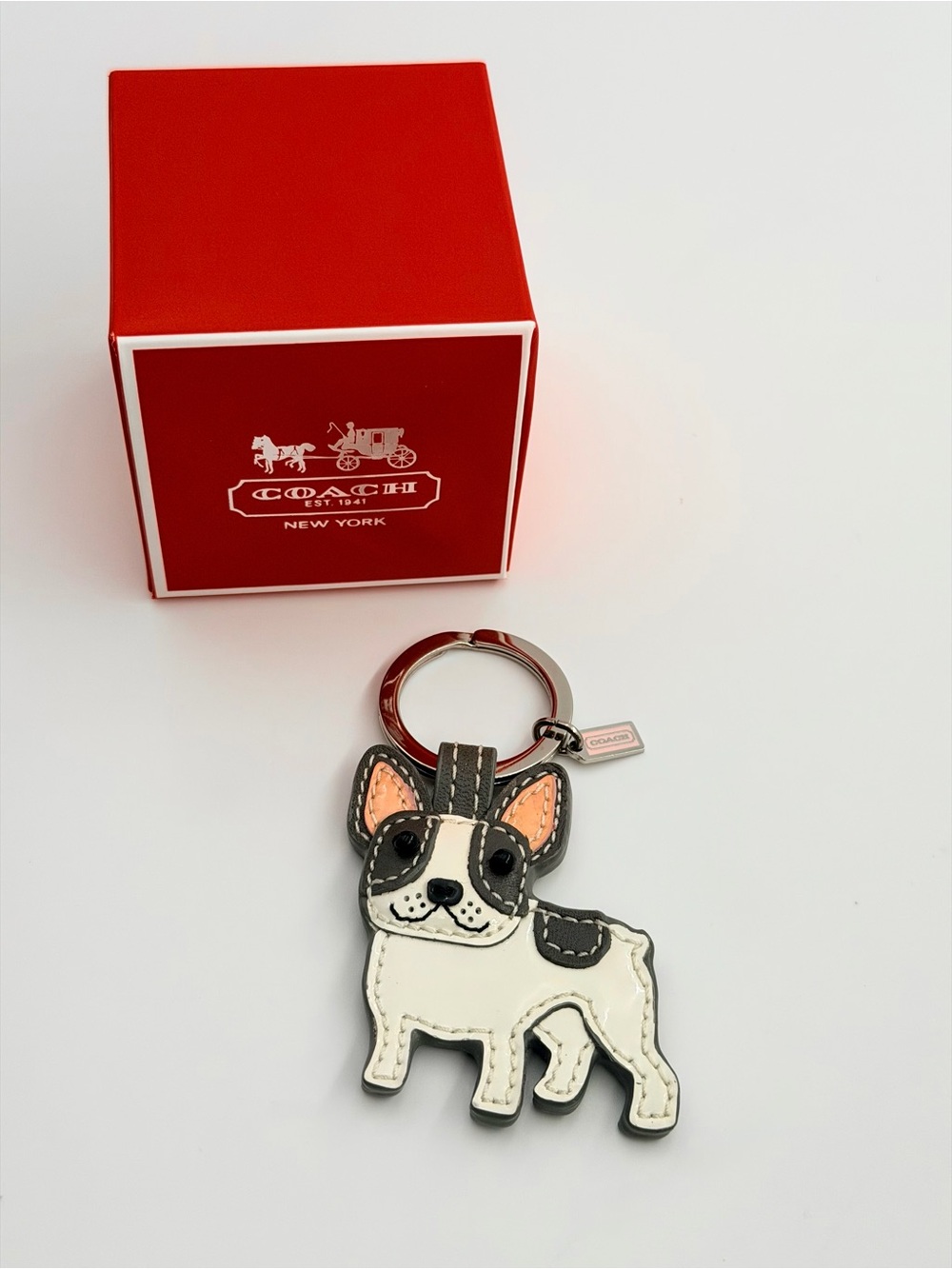 NWOT Coach Rare Leather French Bulldog Keychain Charm + Box and Dust Bag